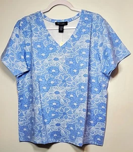 Denim & Co Women’s XL Light Blue Short Sleeve VNeck Floral Dot Print Tee NWT - Picture 1 of 9