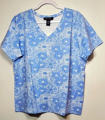 Camiseta para mujer Denim & Co XL azul claro manga corta cuello floral estampado de puntos nueva con etiquetas Foto 1 de 4