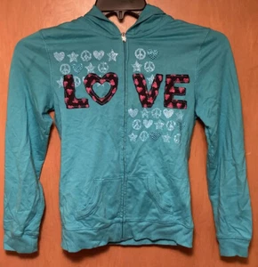 SO Aqua Hoodie Hooded Youth Size L (14) Love Peace Signs Sequins Heart - Picture 1 of 12