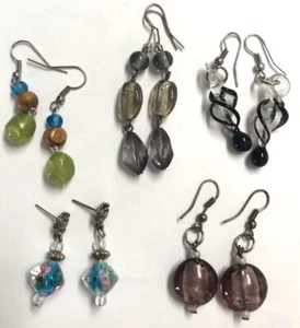 Lot Of 5 Pairs Glass Beaded Dangle Multi Color Earrings - Picture 1 of 6