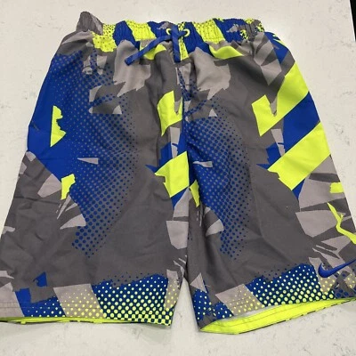 New Nike  Boys Gray/neon geometric print Mesh-Lined Swim Trunks sz L - Image 1 of 4
