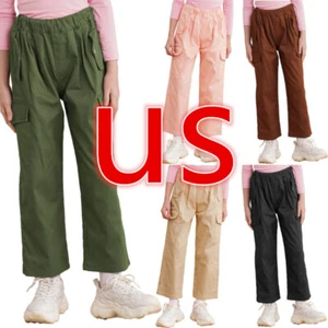 Kids Girls Cargo Jogger Pants Casual Elastic Sport Trousers Hip Hop Dancewear - Picture 1 of 80