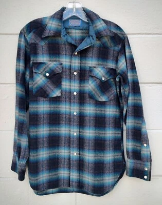 Pendleton High Grade Western Wear Wool Plaid Shirt Mens Sz M 70s VTG Pearl Snap - Image 1 of 4