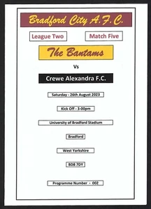 BRADFORD CITY v CREWE ALEXANDRA 26.08.23 LEAGUE TWO PROGRAMME - Picture 1 of 3