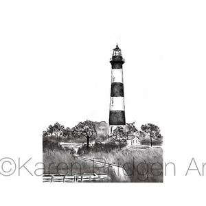 ACEO ATC Art Card Painting Print Signed Charcoal Bodie Island Lighthouse NC - Picture 1 of 2