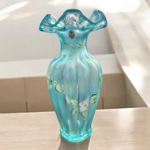 Fenton 11" Melone Vase irisiert Aquamarin satiniert handbemalt floral QVC 1999 - Bild 1 von 8
