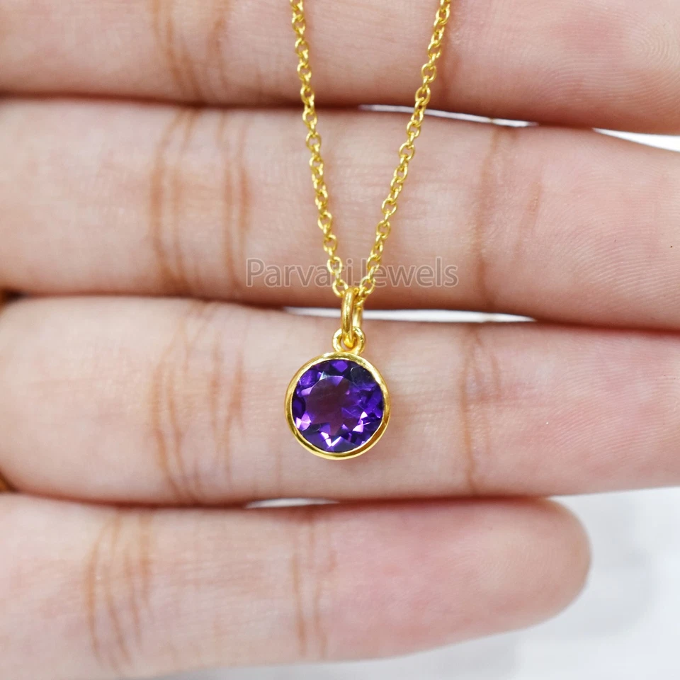 Solid 18k Gold Natural Amethyst Gemstone Christmas Gift  Women Charms Pendant - Image 1 of 4