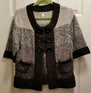 DRESSBARN Black/Grey Colorblock Chunky Knit Cardigan W/Pockets Sz Large Buttons - Picture 1 of 7