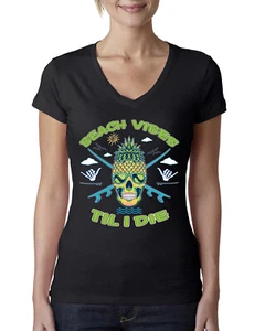 Beach Vibes Till Die Outdoor Women Junior Fit V-Neck Tee - Picture 1 of 12