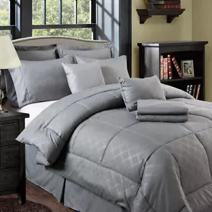 Juego de edredón a cuadros lisos de 10 piezas cama en bolsa falda de cama sábanas queen king - Imagen 1 de 46