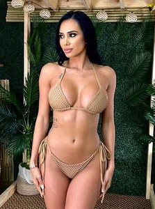 Tan Nude Tulum Fishnet Triangle Top & Tie Side Cheeky Scrunch Bottom Bikini (Plu - Picture 1 of 8