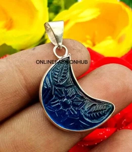 Buy Blue Carving Quartz Gemstone 925 Sterling Silver Plated Moon Pendant Jewelry - Picture 1 of 3