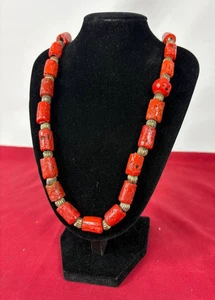 Collana Corallo Naturale Perline Cilindriche Rosse Vintage Etnica Antica Unica - Imagen 1 de 9