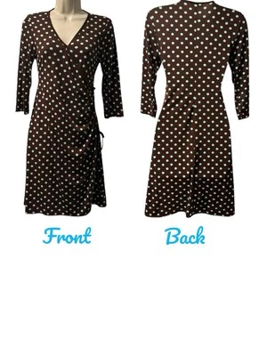 Brown Polka Dots Teal Blue City Triangles 3/4 Sleeve Faux Wrap Dress Size Small - Image 1 of 4
