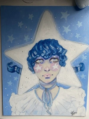 Pintura de fantasía de niña de circo payaso estrella celestial en tablero de lienzo 11x14 Foto 1 de 4