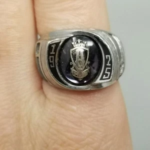 Vintage Ultrium 1975 Class Ring Size 9 Band Silver Tone Black Enamel Monogram - Picture 1 of 13