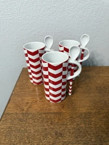 Starbucks Slim Mugs with Spoons Red & White Chevron Pattern - 2013 - Set of 3 - Picture 1 of 4