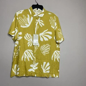 Folk Men’s Size S Linen Blend Button Up Shirt Gold Floral Hawaiian Tropical - Picture 1 of 13