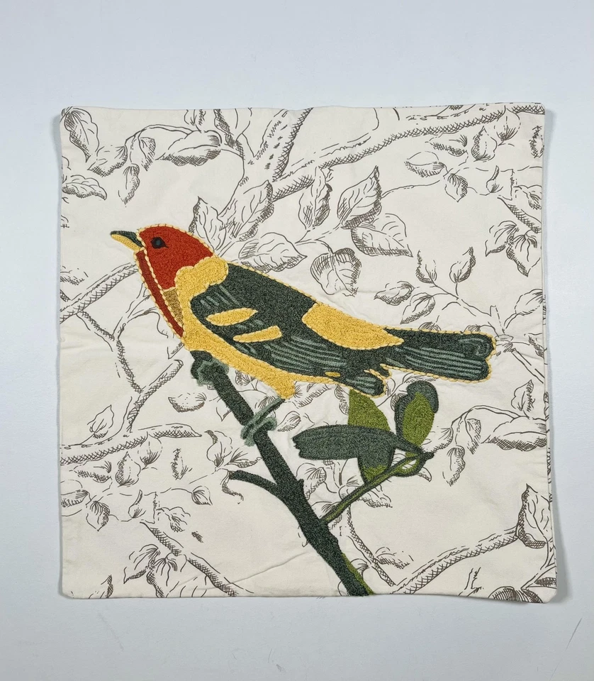 Pottery Barn Pillow Cover Embroidered Bird Applique Botanical Toile Button Throw - Image 1 of 4