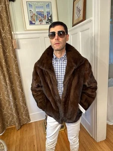 New! Mens Chocolate Brown Mink Real Fur Coat 24" Bomber Jacket Size 38R Medium - Picture 1 of 13