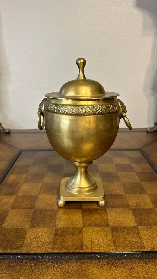 Vintage Brass Urn with Lion Head Handles and Lid 11.5" Height - Image 1 of 4