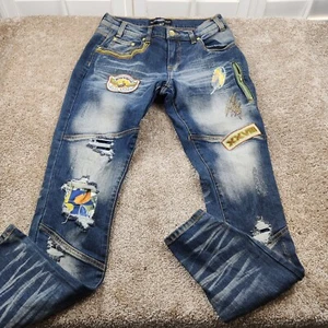 Y2K Blac Leaf Jeans Mens 30 X 32 Highly Distressed Embroidered Patch Blue Denim - Picture 1 of 9