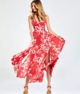 Free People Vestito Donna Maxi Halter Stampato Lille Taglia L Rosa Floreale Schiena Aperta - Foto 1 di 9