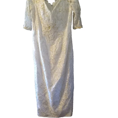 Vtg Wedding wht lace dress long to ankle form fit gold sequins pearls beads 9/10 - Image 1 of 4
