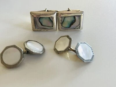 Vintage FRA TAXCO Abalone Shell Sterling Silver  & mother of pearl Lot Cufflinks - Imagem 1 de 4