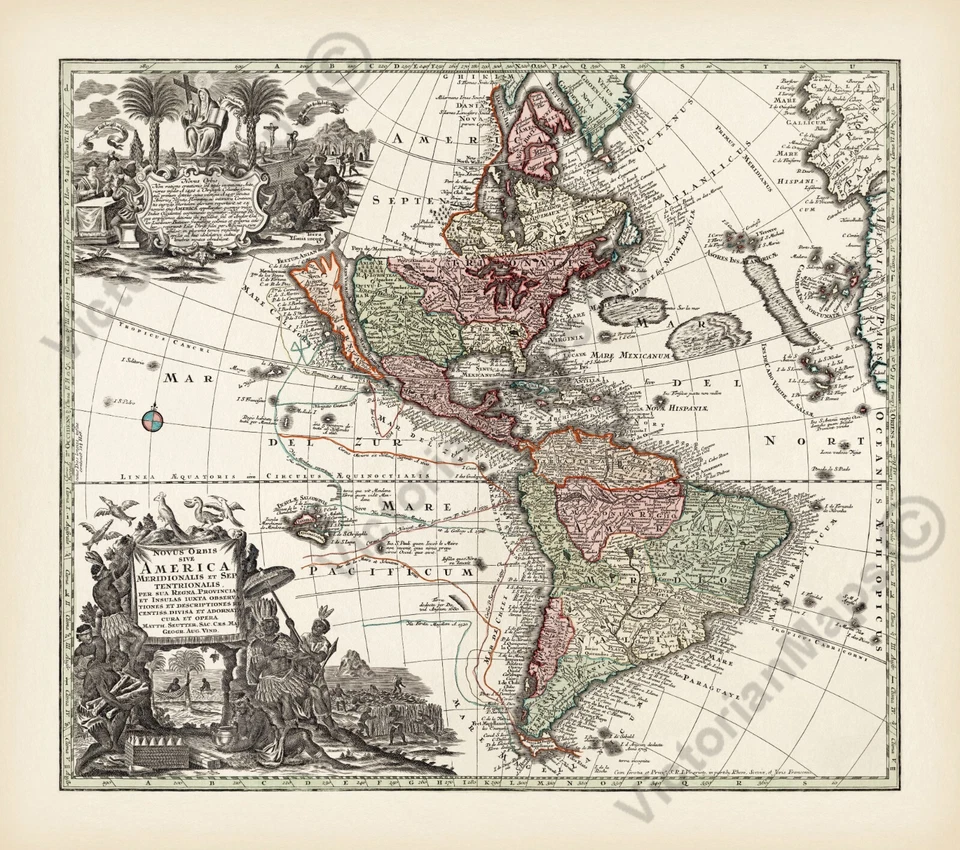 America North & South United States early old map Seutter 1730 art print poster - Image 1 of 4