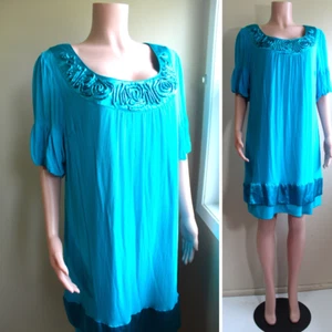 L Türkis Seide Krepp Mini Babydoll Kleid Glockenärmel Robbie Bee Soutache Ausschnitt - Bild 1 von 9