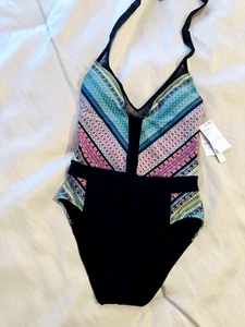 Neu mit Etikett Gr. BLEU Rod Beattie 1-teiliger Neckholder-Badeanzug All-in-the-Mix schwarz weiß - Bild 1 von 4