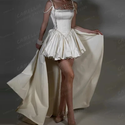 Luxury Short Wedding Dress Women's Satin Mermaid 2In 1 Sleeveless Boat Neck Mini - Image 1 of 4