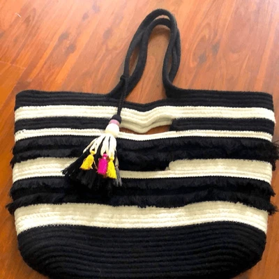 Stella & Dot Black and white woven bohemian tassel fringe tote bag beach bag. - Image 1 of 4