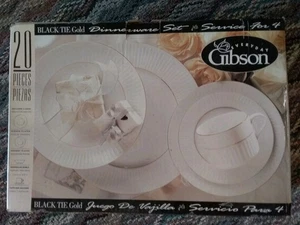 Brand New in Box Gibson Black Tie Gold Rimmed 20 Piece Dinnerware Service for 4 - Picture 1 of 4