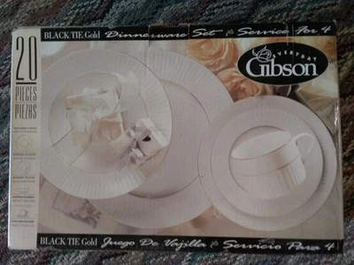 Brand New in Box Gibson Black Tie Gold Rimmed 20 Piece Dinnerware Service for 4 - Image 1 of 4