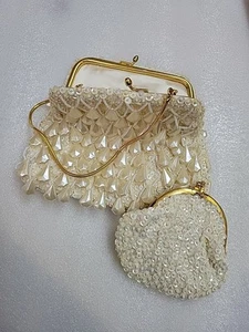 Safco 1960s White Satin Sparkly Beaded Evening Bag Gold Chain Hong Kong Coin Bag - Picture 1 of 10