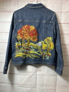Vintage Susan Bristol Denim Trucker Jacke Größe Large Garn bestickt hinten LESEN - Bild 1 von 12