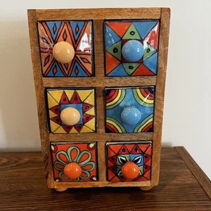 Gabinete de boticario de madera 6 cajones porcelana especias boho té pintado a mano - Imagen 1 de 4