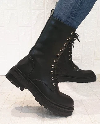 scarpe anfibi stivali stivaletti da donna nero stringati alti caldi anti pioggia - Immagine 1 di 4