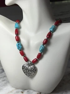 Vintage Lenox Sterling Silver Heart, Turquoise/Red Coral Necklace 19” - Picture 1 of 9