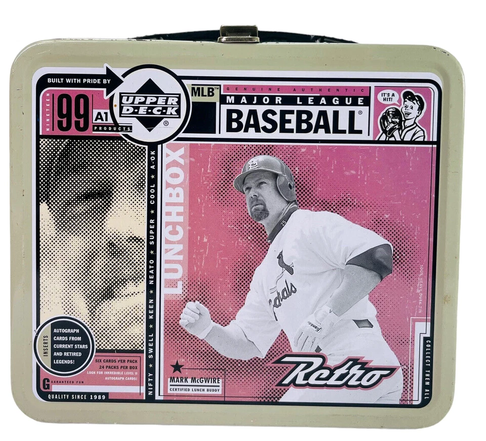 Fiambrera retro de metal de cubierta superior Mark McGwire vacía 1999 ~ PREMIADA. Foto 1 de 4