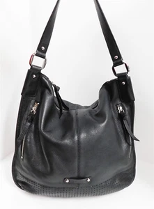 B. Makowsky Black Pebble Grain Leather Large Hobo Shoulder Bag - Picture 1 of 7