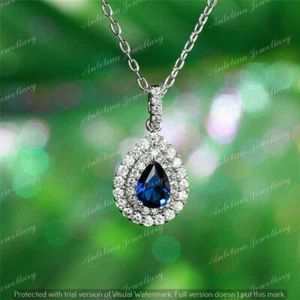 2 CT Pear Cut Blue Sapphire Double Halo Pendant With Chain 14K White Gold Finish - Picture 1 of 6
