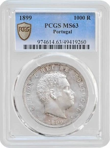 Portugal 1000 reis 1899, PCGS MS63, "King Carlos I (1889 - 1908)" silver coin - Picture 1 of 4