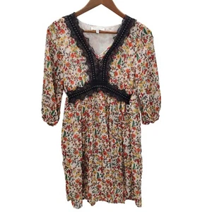 Hayden Womens Floral Lace Cottagecore Boho Dress Sz S Short Sleeve V-Neck Beaded - Picture 1 of 11
