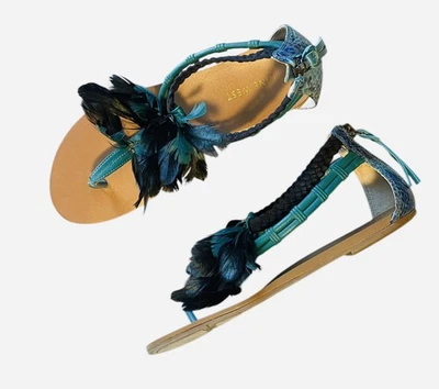 Nine West Snakeskin Feathers Dream Catch Thong Ankle Strap Sandals Size 6.5 - Image 1 of 4