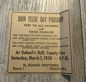 Anuncio de periódico vintage John Deere Day Program 0C25 - Imagen 1 de 2