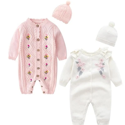Newborn Infant Baby Knit Sweater Romper Warm Longsleeve Jumpsuit w/ Warm Hat Set - Image 1 of 4