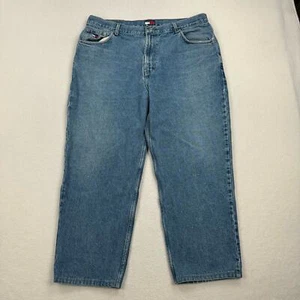 Vintage Tommy Hilfiger Jeans Size 38x26 Medium Wash Straight Leg Big Flag 90s - Picture 1 of 11